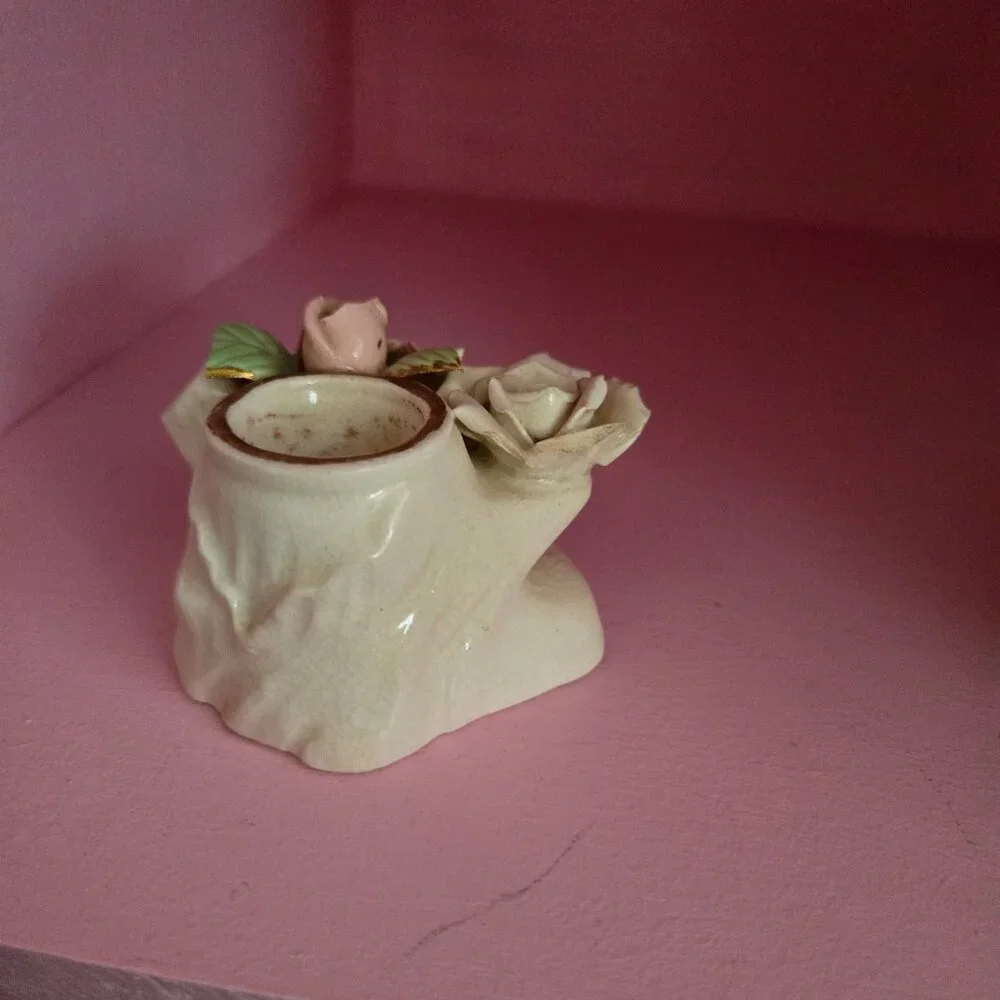 Vintage Porcelain Rose Candlestick Holder Cottagecore Romantic Victorian Style